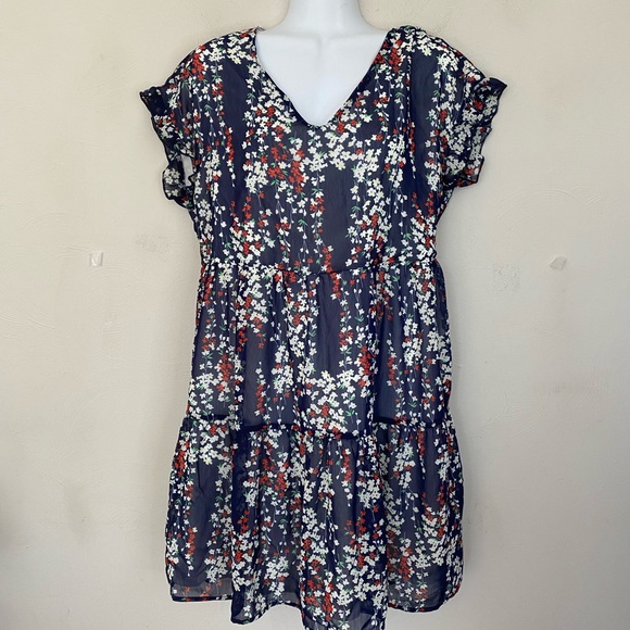 NWT Anna-Kaci Floral Print Navy Dress M fully lines V neck cap sleeves - Picture 2 of 13